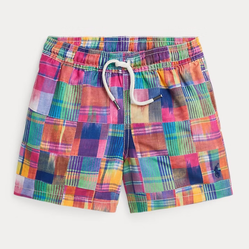 NWT Polo Ralph Lauren Boys Traveler Madras Patchwork Swim Trunks Summer Preppy‎